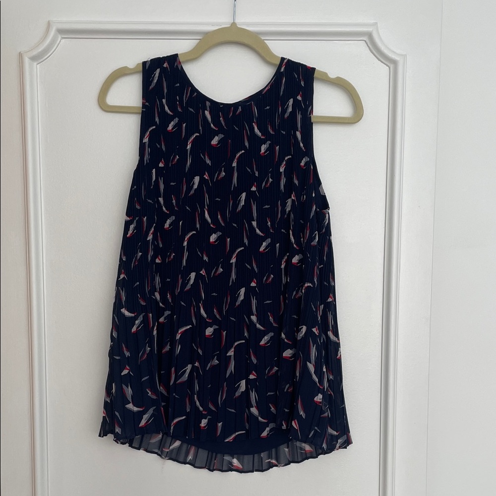 Halogen Pleated Navy Floral-Print Sleeveless Top